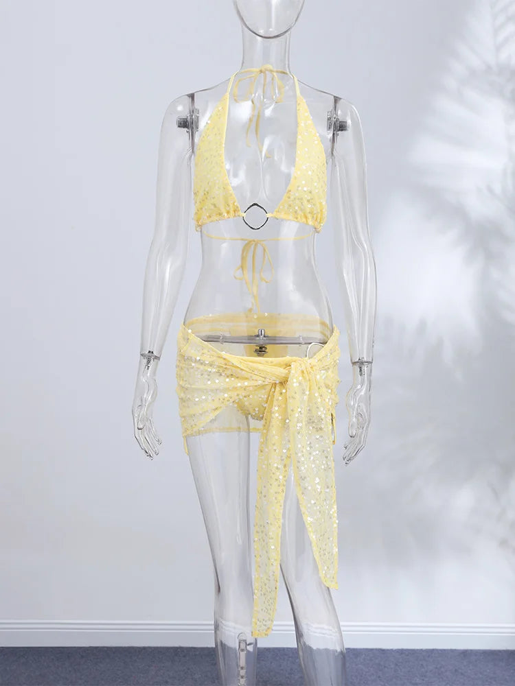 Sexy Sequin Three Pieces Bikini Sets Women's Slim Mental Button Halter Tops Mini Skirts 2026 New Ladies Vacation Beach Outfit