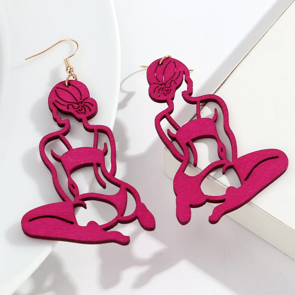 New Hollow Sexy Bikini Lady Wooden Long Earrings for Women Creative Colorful Wood Yoga Statue Drop Earring Trendy Jewelry Gift