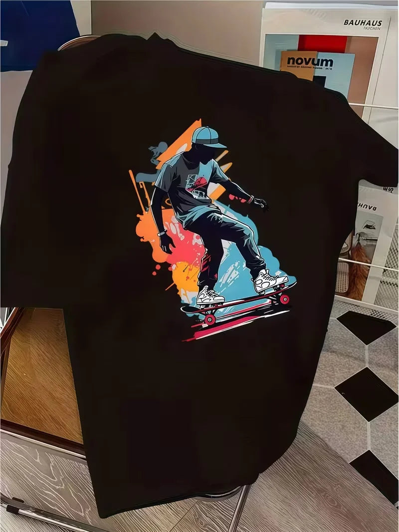 Skateboarding Boy Graphic T-Shirt, Streetwear Style Crew Neck Short Sleeve Tee,Loose Fit Summer Daily Wear Top, Skate Lover Gift