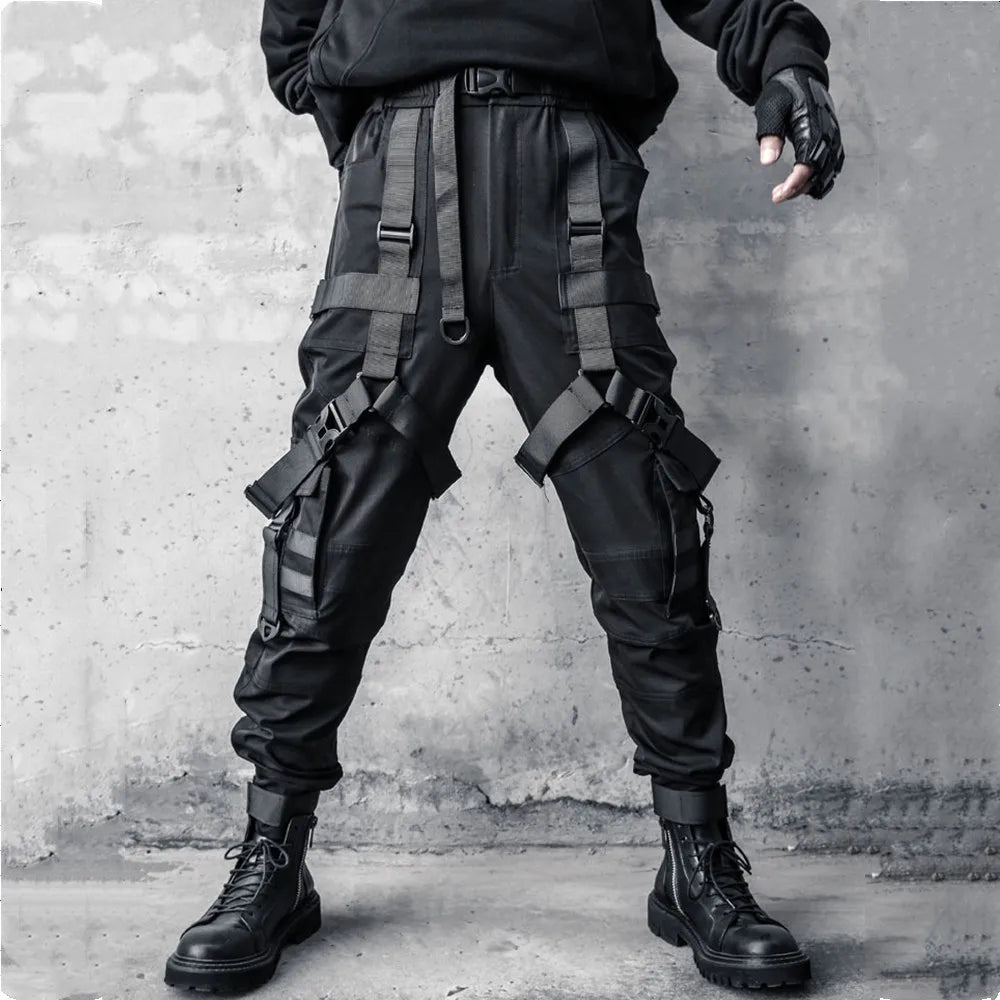 Hip Hop Punk Cargo Pants Man Multi Ribbons Decorative Techwear Pants High Street Tactical Casual Trousers