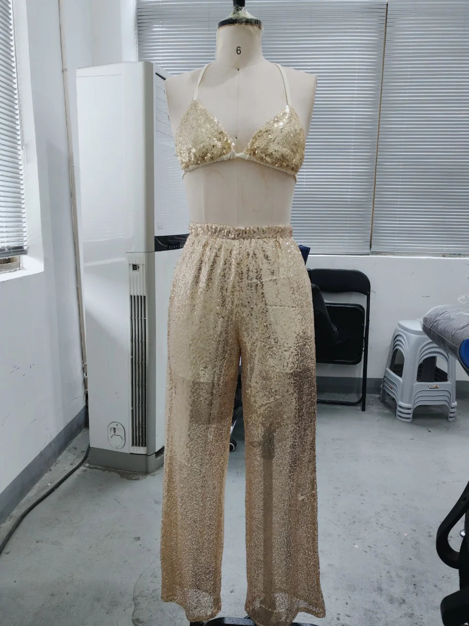 Sexy Women's Pant Set Gathered Deep-V Neck Backless Bikini Female Sequined Wide-Leg Long Pants Chic Fashion Beach Women's Suit