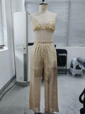 Sexy Women's Pant Set Gathered Deep-V Neck Backless Bikini Female Sequined Wide-Leg Long Pants Chic Fashion Beach Women's Suit