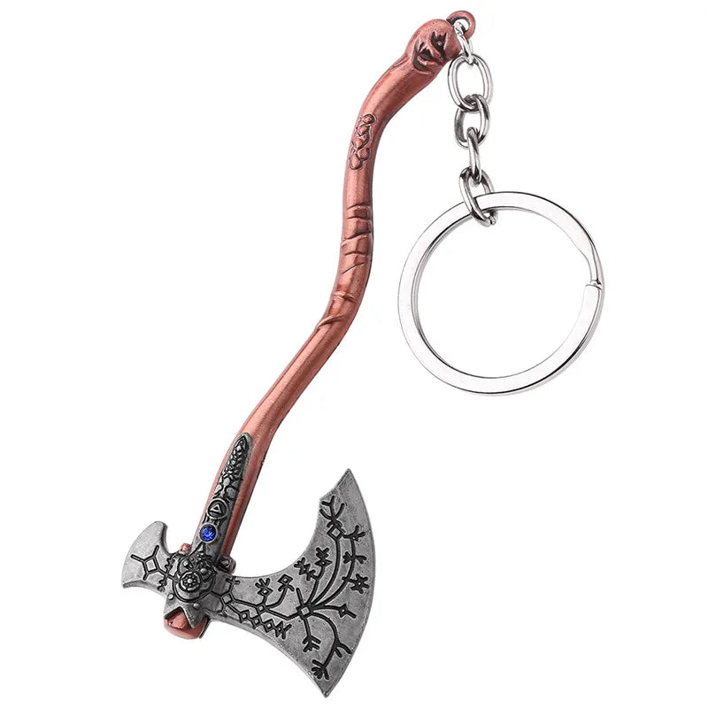 Punk Fashion Jewelry God Of War 4 Kratos Axe Keychains Exquisite Crystal Carved pattern Axe Pendant key holder Souvenir jewelry