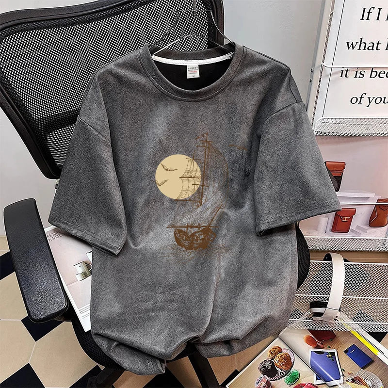 Summer 2026 New Suede Crew Neck T Shirts For Men Graphic Printed Short Sleeve T-Shirt Man Goth Fashion Y2K Streetwear Tee Tops