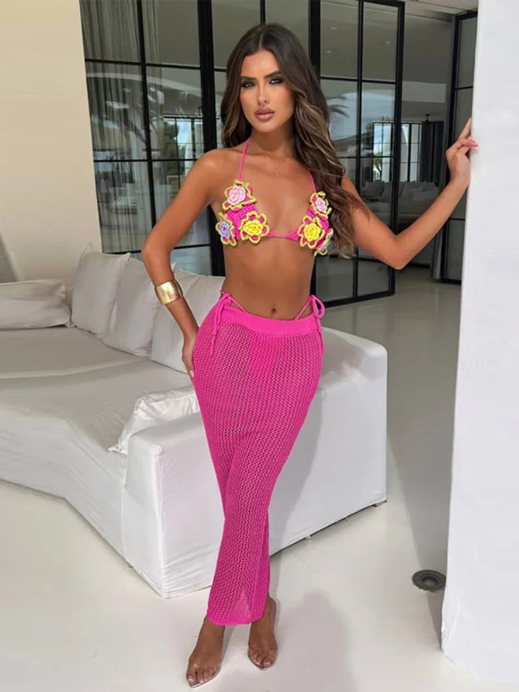 3d Flower Crochet Skirts Set Women Hollow Out Crop Bikini Slim High Waist Long Skirt 2026 Spring Summer 2 Pieces Beach Outfits