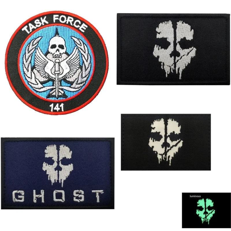 TASK FORCE 141 CODE Call of Duty Ghost Mask Morale Badge Embroidered Patches Armband Tactical Accessory Decorative Stickers