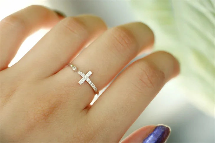 925 Sterling Silver Cross Rings for Women Exquisite CZ Stone Adjustable Open Ring Silver 925 Jewelry