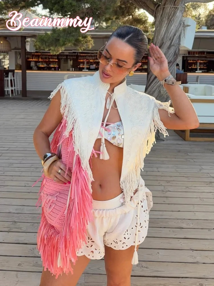 Woman Vintage Embroidery Tassel Shawl Summer Stand Neck Sleeveless Lace Up Irregular Top Female New Bikini Vacation Clothes 2026