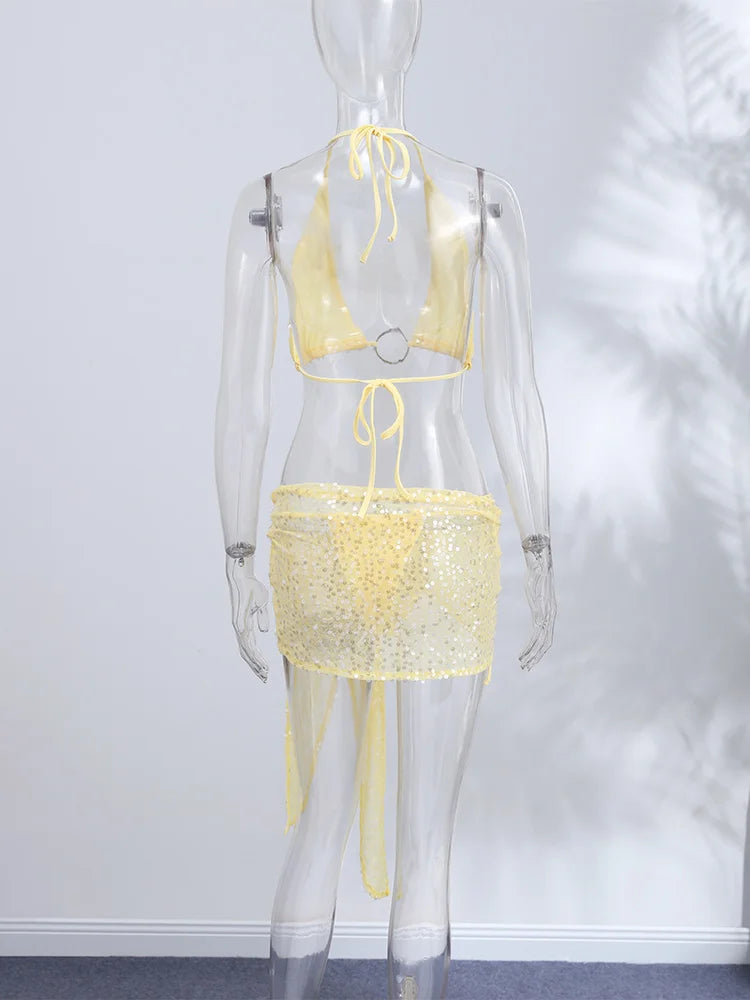 Sexy Sequin Three Pieces Bikini Sets Women's Slim Mental Button Halter Tops Mini Skirts 2026 New Ladies Vacation Beach Outfit