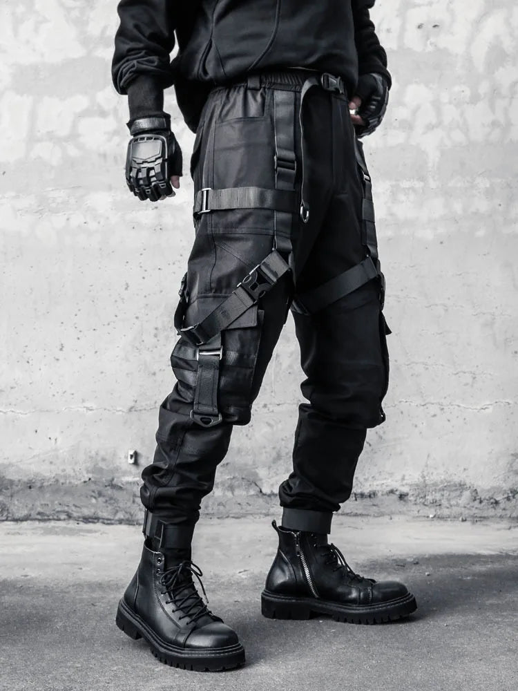 Hip Hop Punk Cargo Pants Man Multi Ribbons Decorative Techwear Pants High Street Tactical Casual Trousers