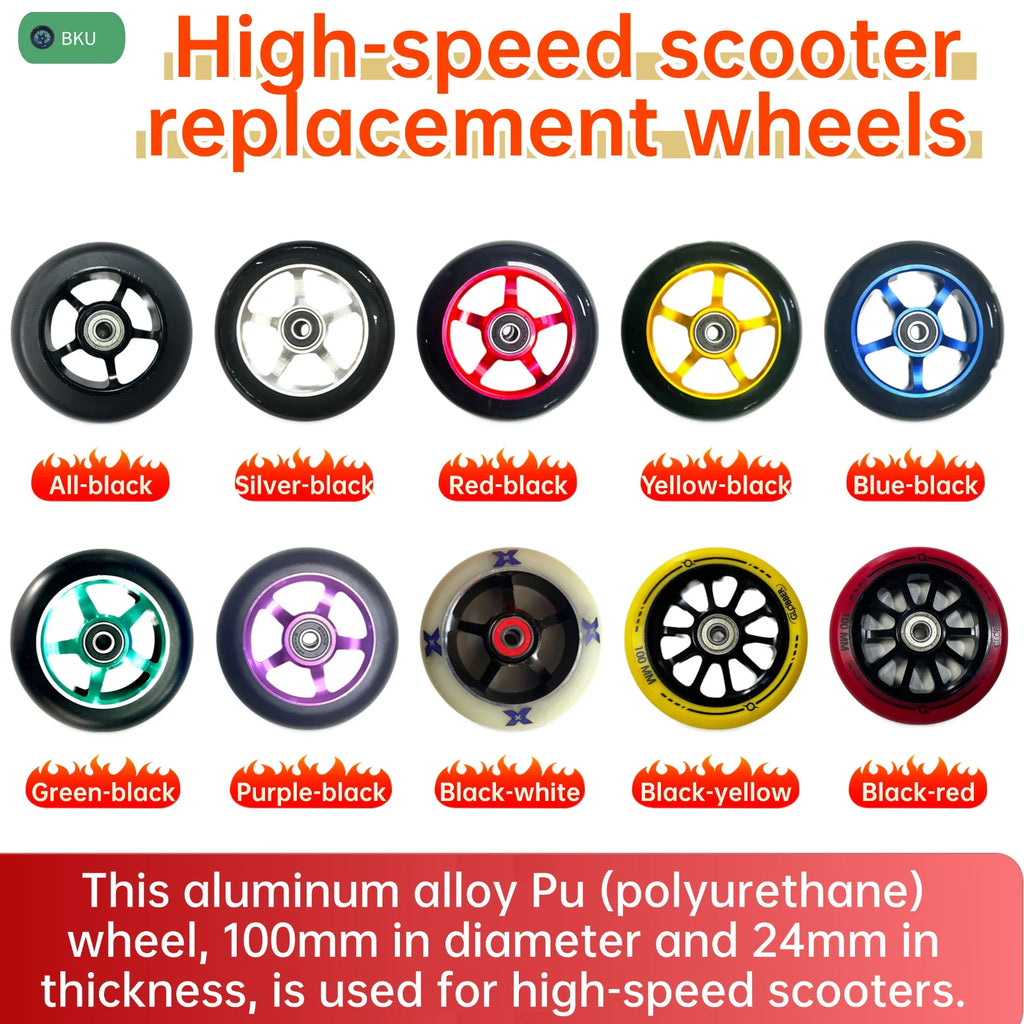 A pair of 100mm aluminum-core skateboard wheels with bearings, wear-resistant and quiet, suitable as replacement parts for skate