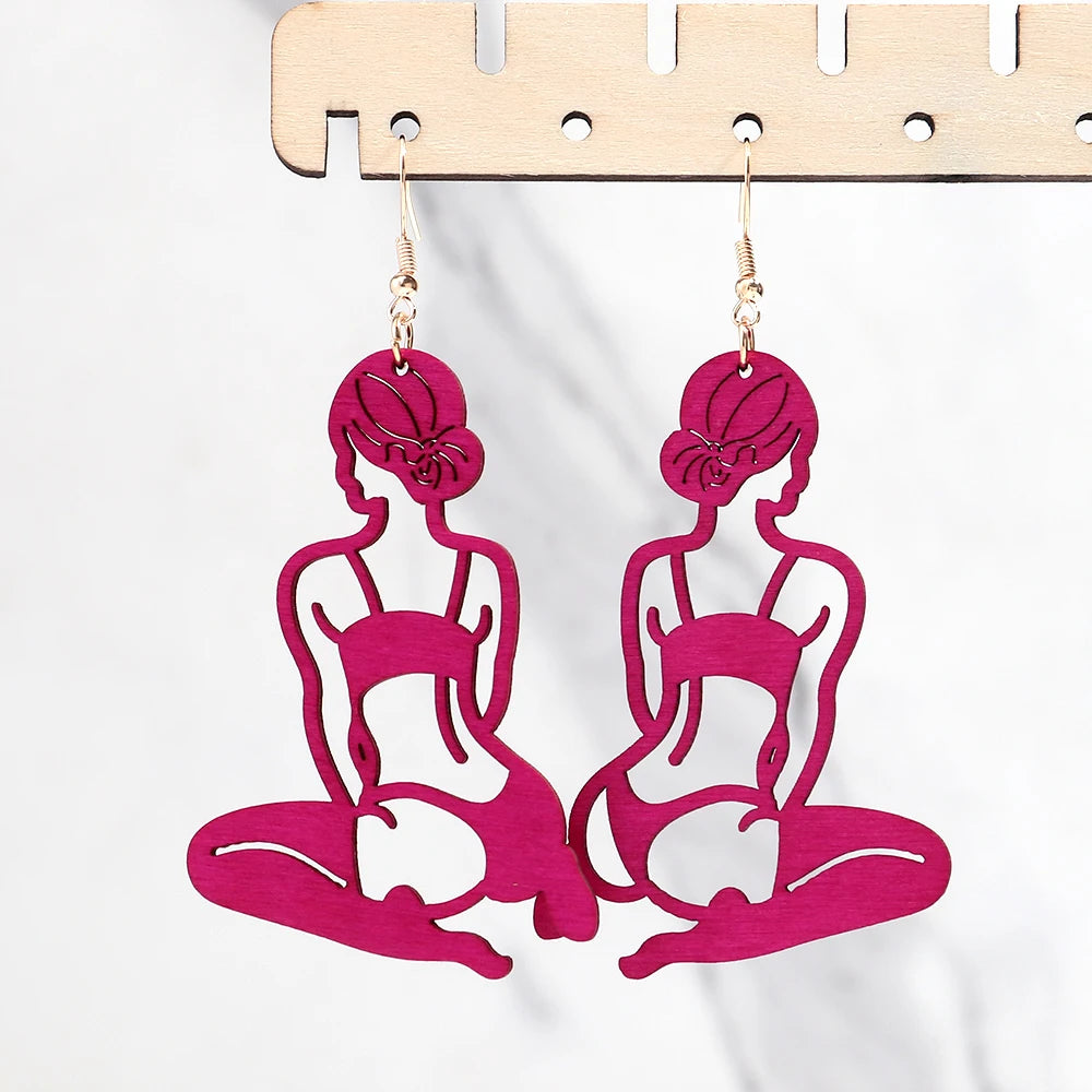 New Hollow Sexy Bikini Lady Wooden Long Earrings for Women Creative Colorful Wood Yoga Statue Drop Earring Trendy Jewelry Gift