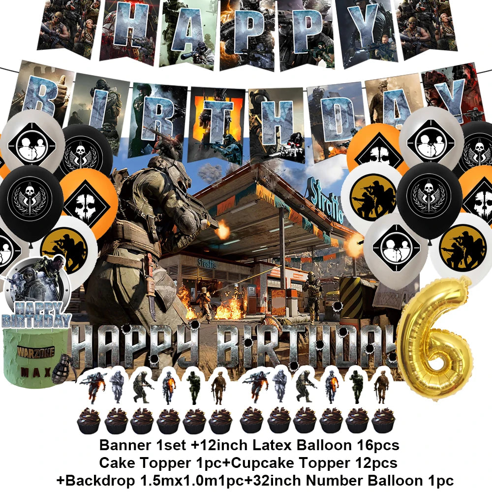 Calling of Duty Theme Background Birthday Party Decoration Stimulating Game Balloon Cake Toppper Accessories Baby Boys Gift Prop