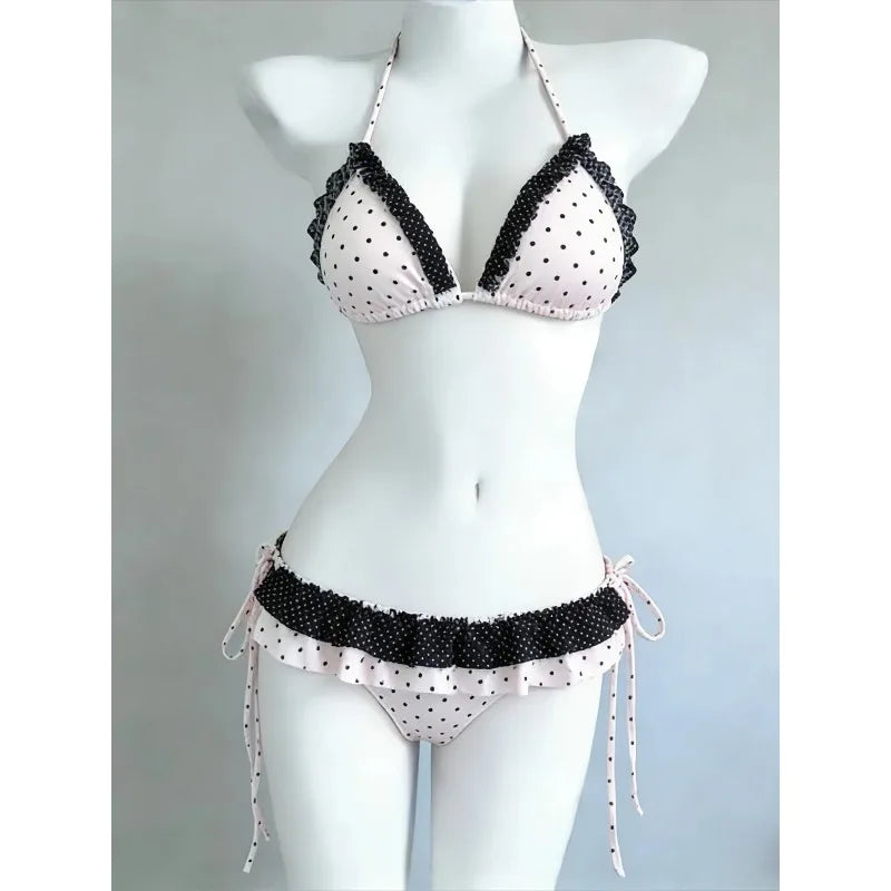 Vintage Sweet Bikini Set for Women Chic Polka Dot Print Trendy Ruffles Split Swimwear 2026 Summer Beach Vacation Party Swimwear