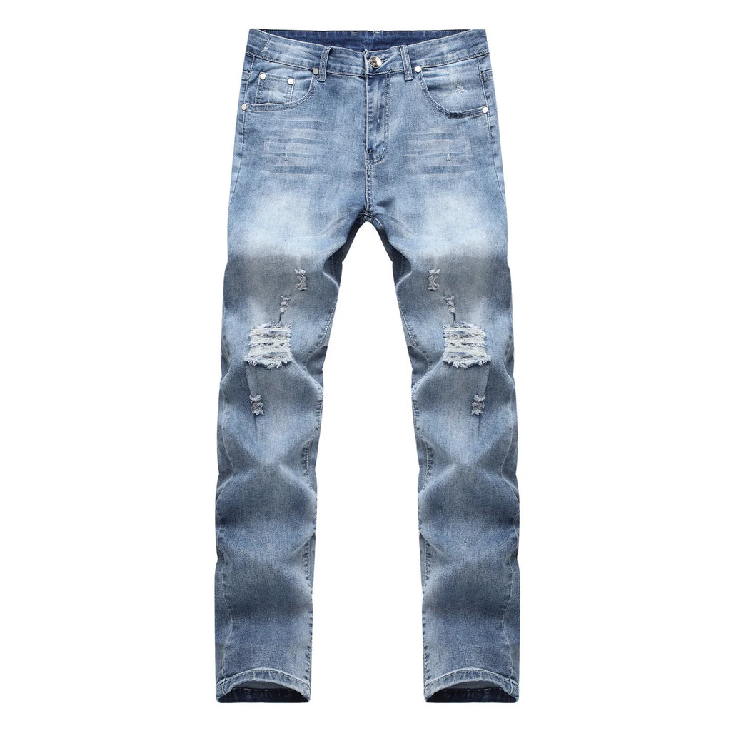 Punk Street Style Ripped Skinny Jeans Men Vintage Wash Solid Denim Trouser Mens Casual Slim Fit Pencil Denim Holes Pants 2024