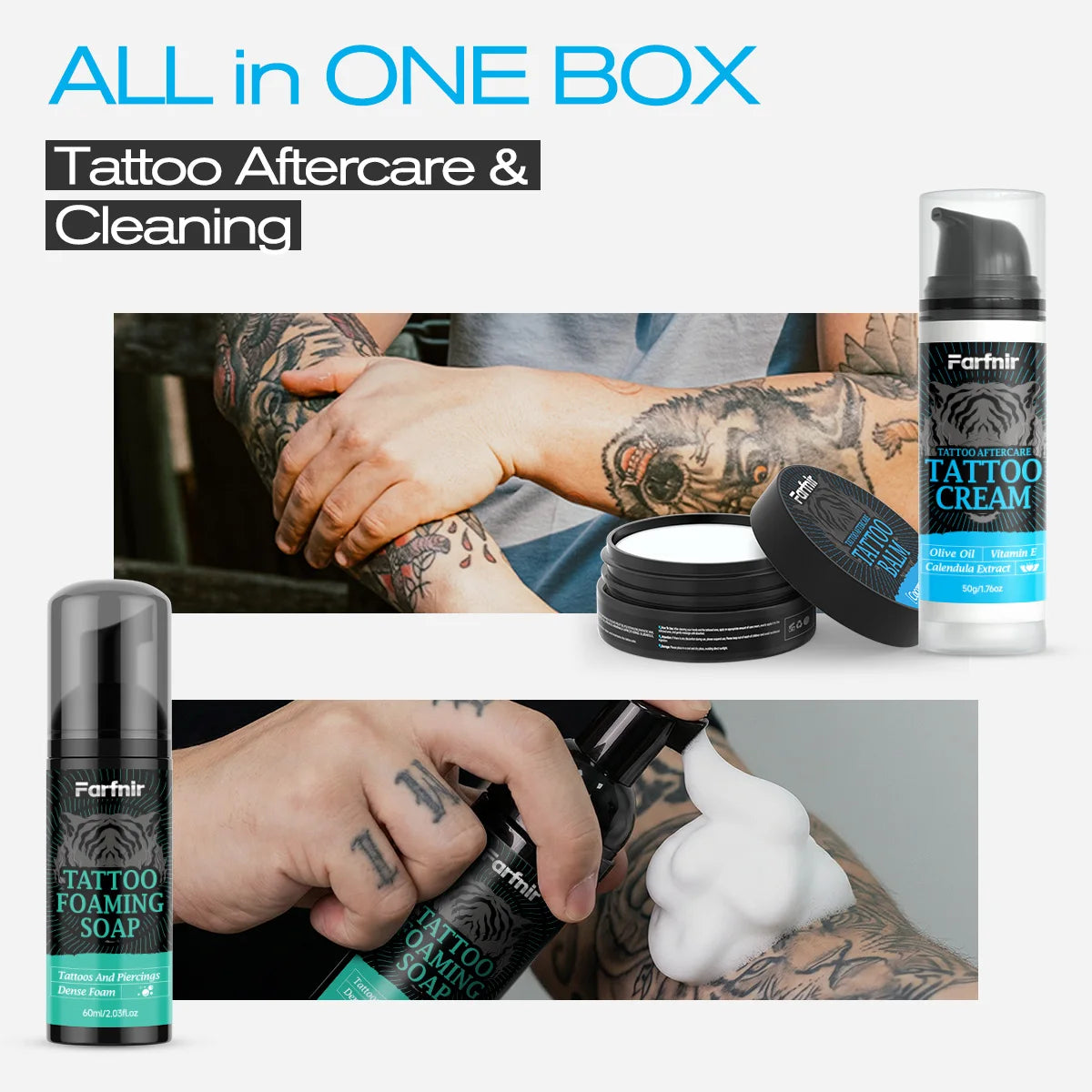 Tattoo Care Kit (Aftercare + Cleansing): Comprehensive care for new tattoos—cleansing, hydration, and moisturizing nourishment.