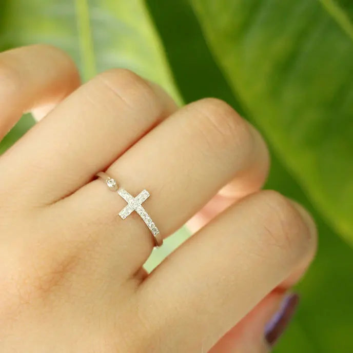925 Sterling Silver Cross Rings for Women Exquisite CZ Stone Adjustable Open Ring Silver 925 Jewelry