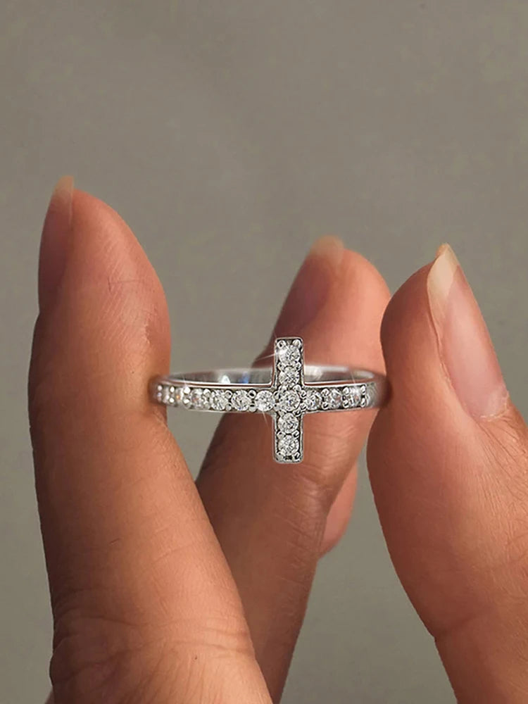 925 Sterling Silver Simple Sacred Pure Cross Zirconia Ring For Women Engagement Wedding Luxury High Quality Fine Jewelry