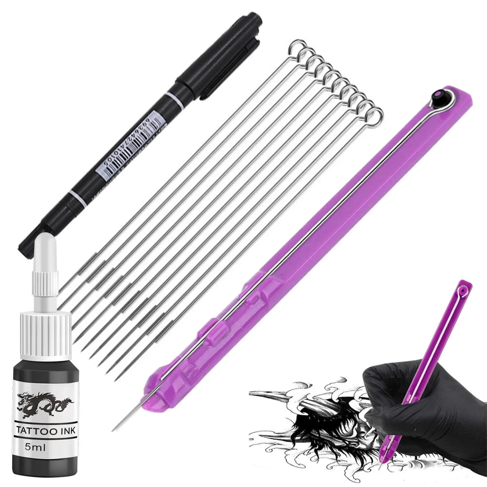 DIY Hand Poke and Stick Tattoo Kit Tattoo Needle Poke Stick Tool Ink Cup Pigment Glover Grommet Bandage Set Stick and Poke Kit