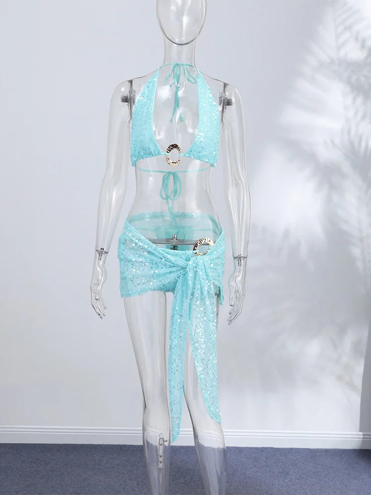 Sexy Sequin Three Pieces Bikini Sets Women's Slim Mental Button Halter Tops Mini Skirts 2026 New Ladies Vacation Beach Outfit