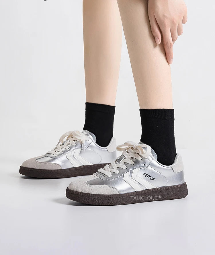 Silver Women's Retro German Training Shoes, Ballet-Inspired Soft Sole Versatile Casual Flat Skate Sneakers for Sports & Daily We