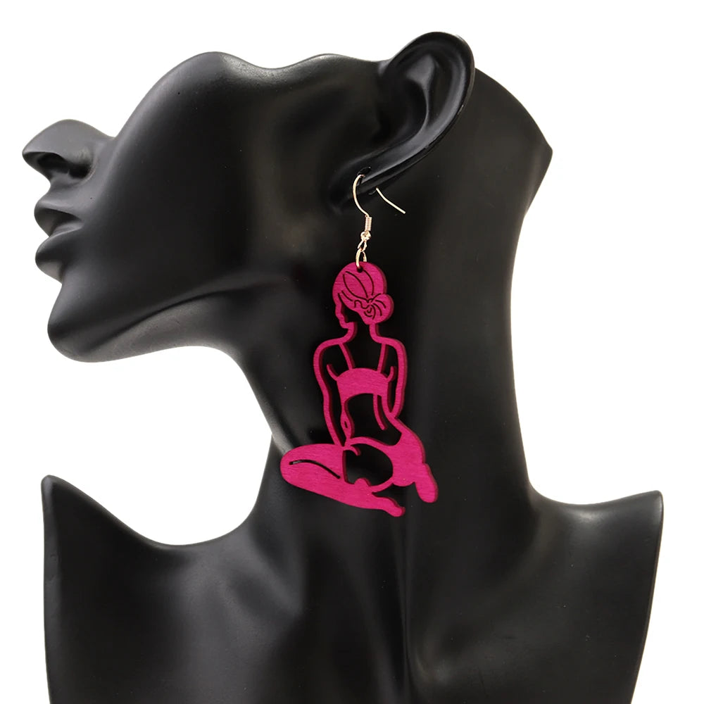 New Hollow Sexy Bikini Lady Wooden Long Earrings for Women Creative Colorful Wood Yoga Statue Drop Earring Trendy Jewelry Gift