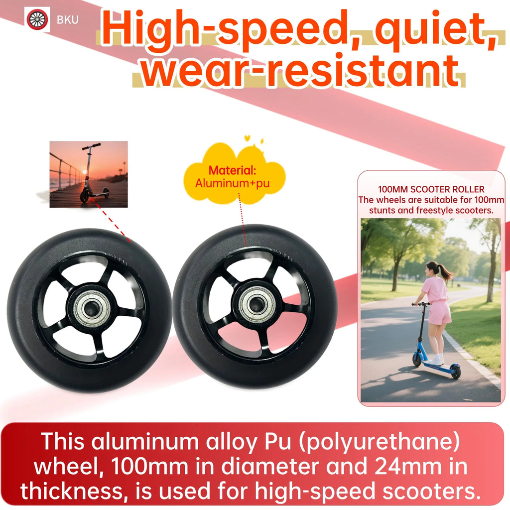 A pair of 100mm aluminum-core skateboard wheels with bearings, wear-resistant and quiet, suitable as replacement parts for skate