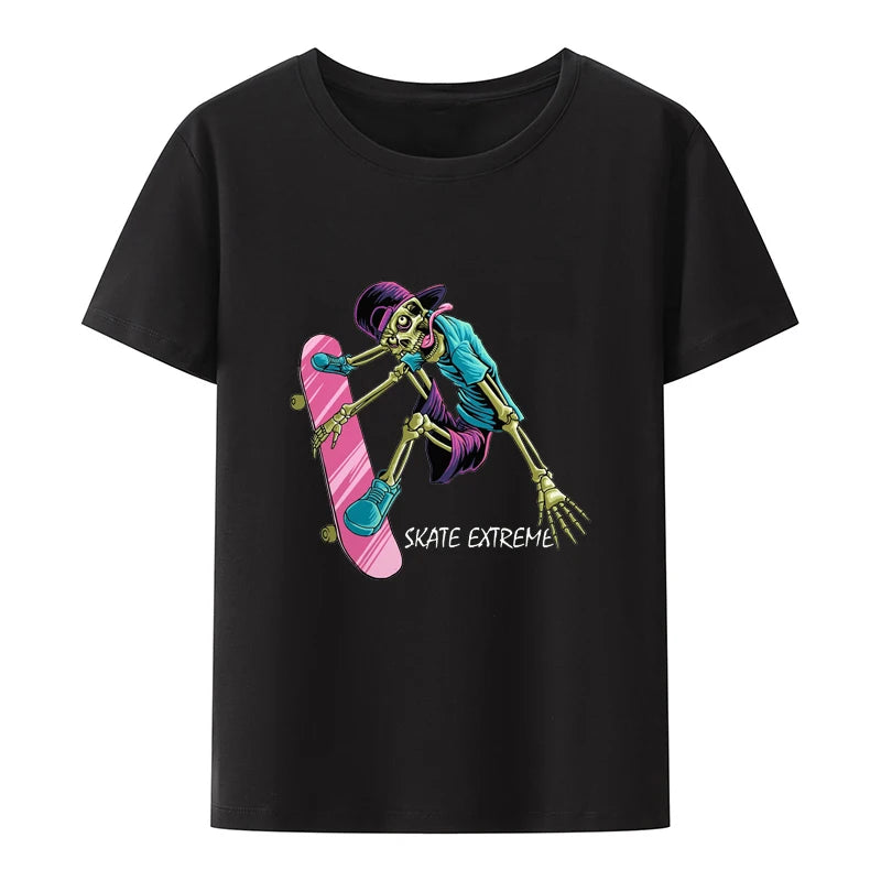 Funny Skull Skateboard Print T Shirt Gothic Aesthetics Humor Character Nostalgia New Style Comics Loose Short Sleeve Streetwear