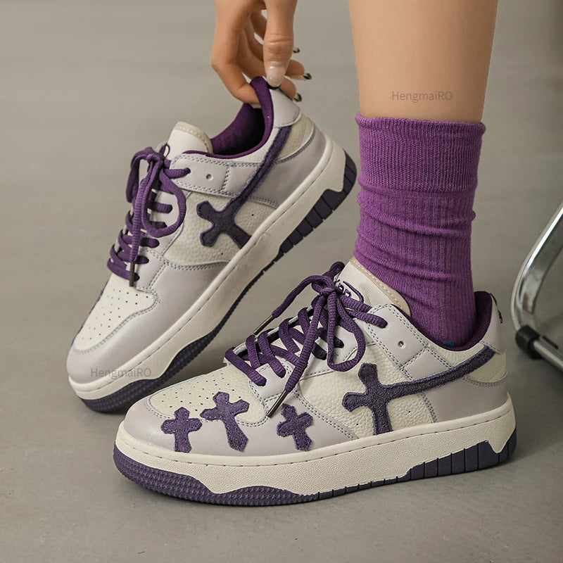 Women Shoes Retro Fashion Cross Pattern Skateboard Shoes Men Breathable Punk Hip Hop Casual Shoes Couple Student Sport Sneakers