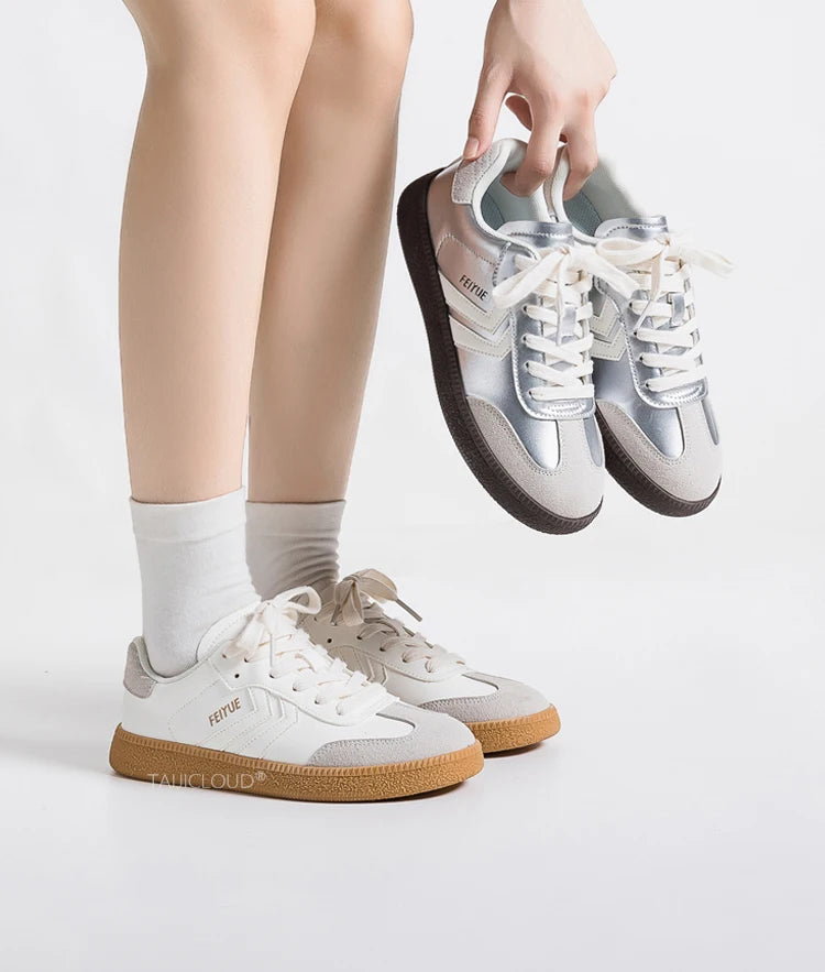 Silver Women's Retro German Training Shoes, Ballet-Inspired Soft Sole Versatile Casual Flat Skate Sneakers for Sports & Daily We