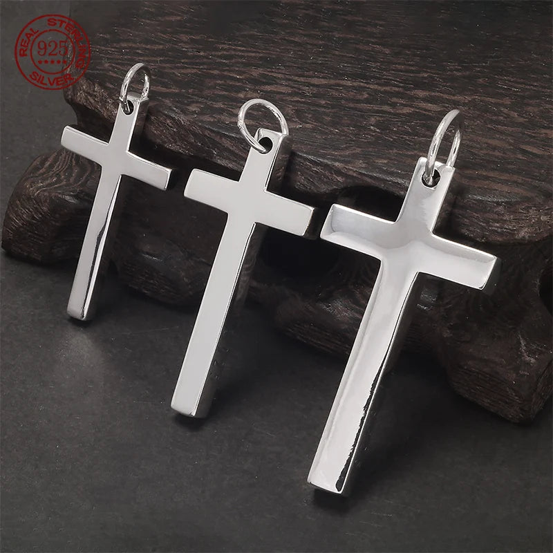 100% Solid S925 Sterling Silver Cross Pendant For Men women smooth High Polishing simple Design Jesus Christ Jewelry Gift