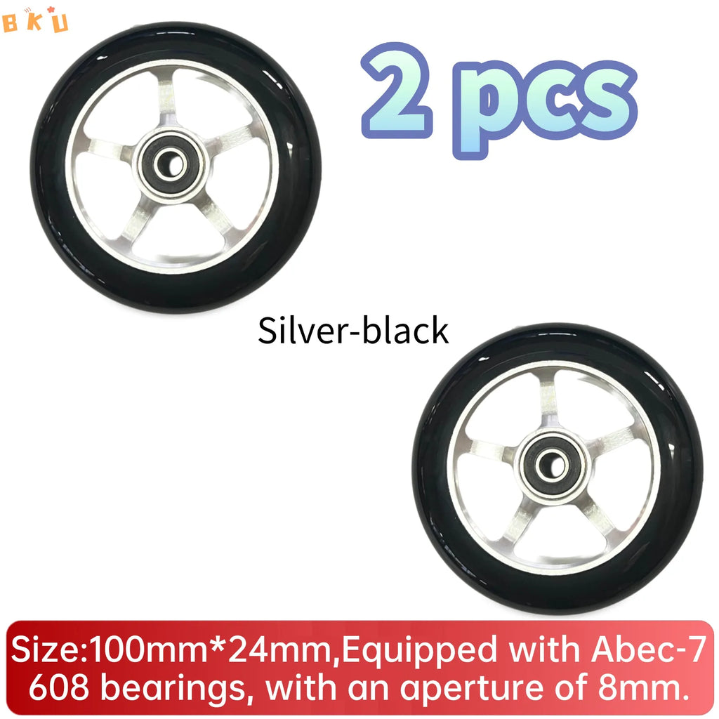 A pair of 100mm aluminum-core skateboard wheels with bearings, wear-resistant and quiet, suitable as replacement parts for skate