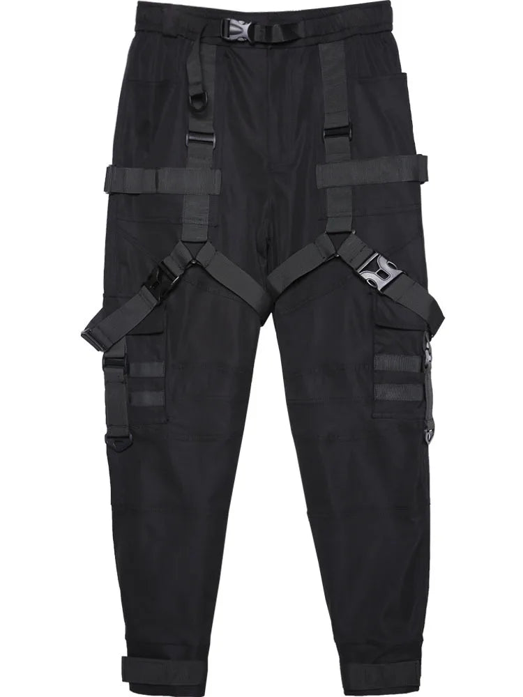 Hip Hop Punk Cargo Pants Man Multi Ribbons Decorative Techwear Pants High Street Tactical Casual Trousers