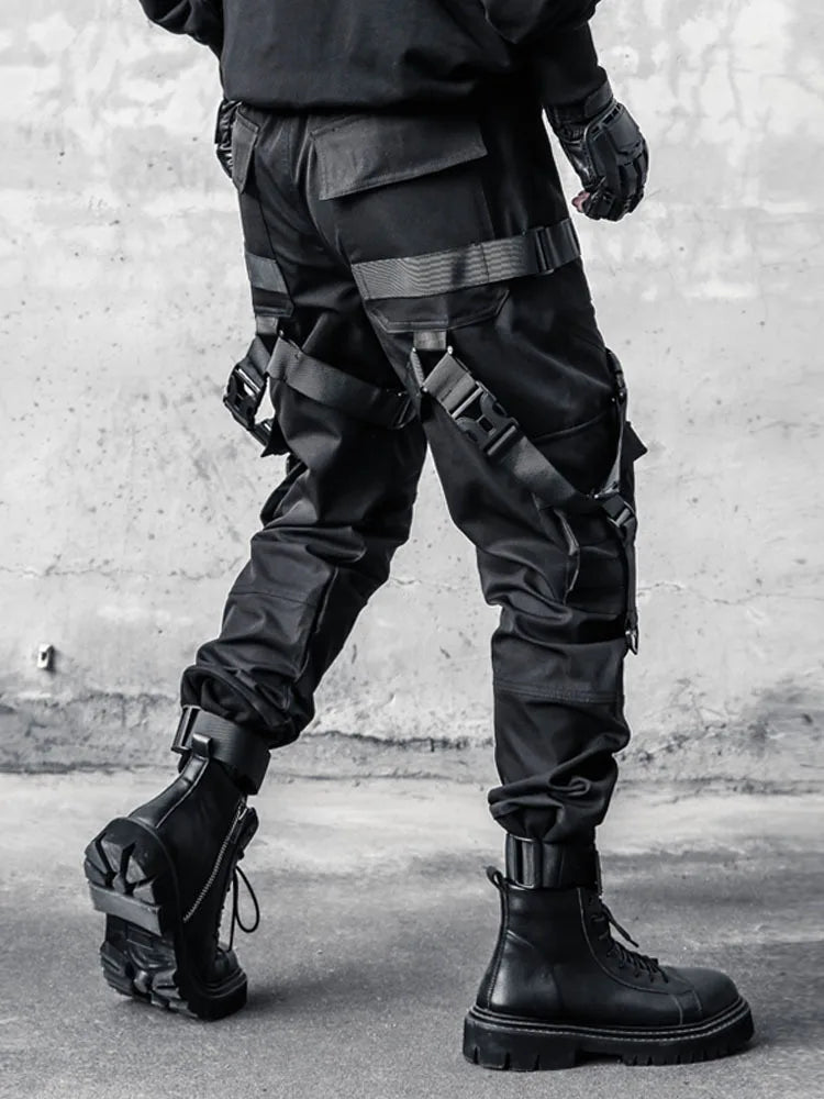 Hip Hop Punk Cargo Pants Man Multi Ribbons Decorative Techwear Pants High Street Tactical Casual Trousers