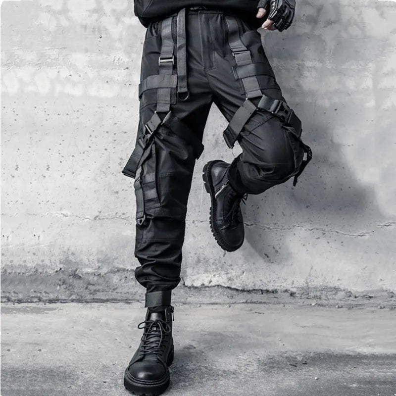 Hip Hop Punk Cargo Pants Man Multi Ribbons Decorative Techwear Pants High Street Tactical Casual Trousers