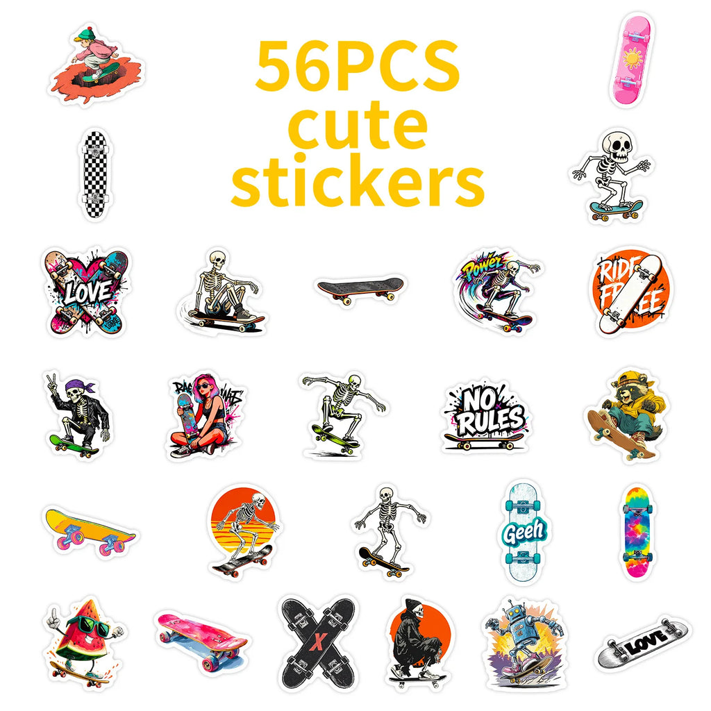 56/112 Pcs Street Style Skateboard Culture Creative Skull Stickers DIY Helmet Skate Car Door Bicycle Stationery Box Waterproof