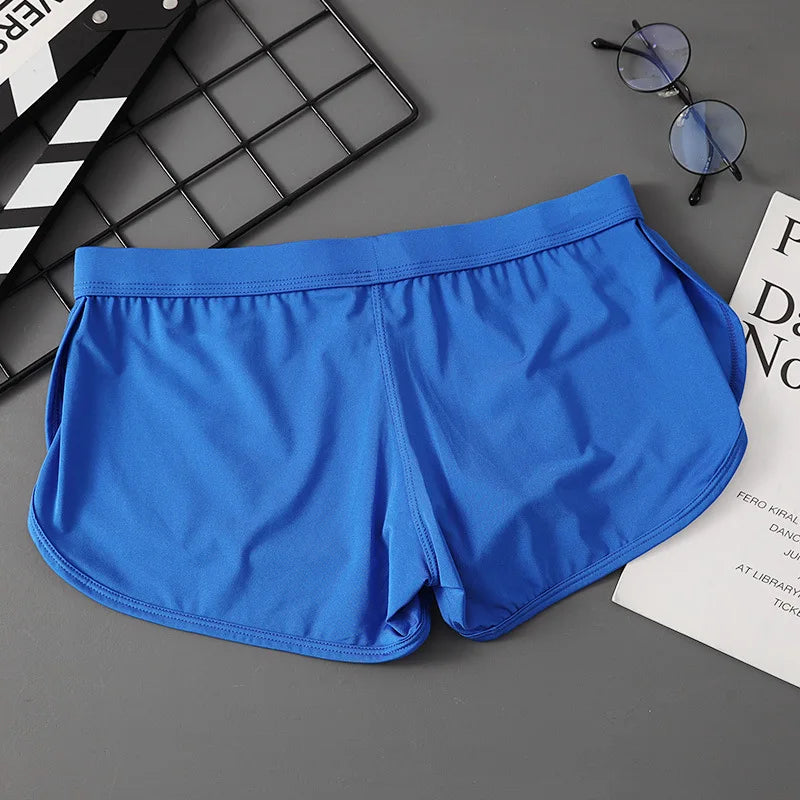 Men's boxers underwear side slit shorts bikini men low waist sexy ultra-thin ice silk underwear for men