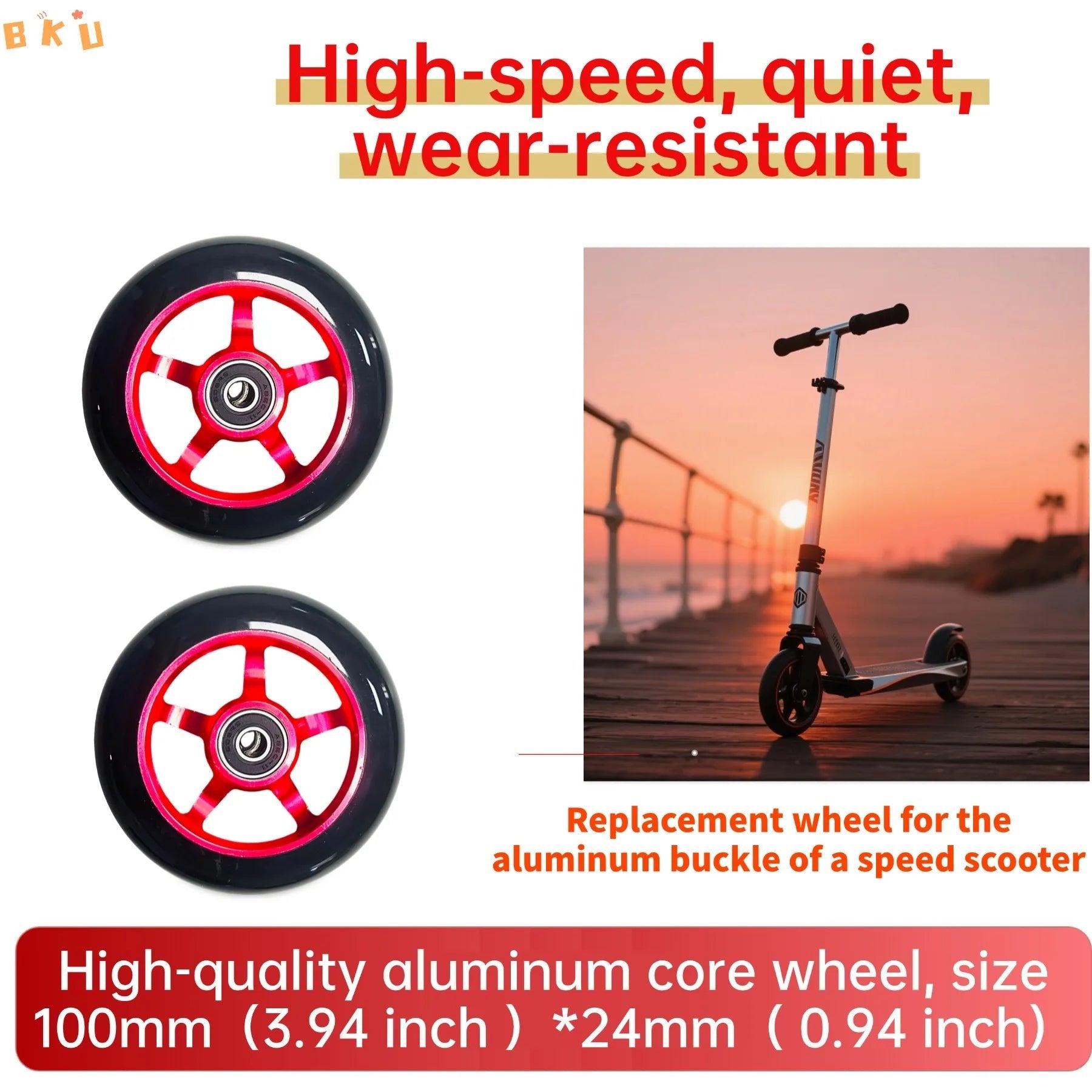 A pair of 100mm aluminum-core skateboard wheels with bearings, wear-resistant and quiet, suitable as replacement parts for skate - STAND OUT FLEXSARAH