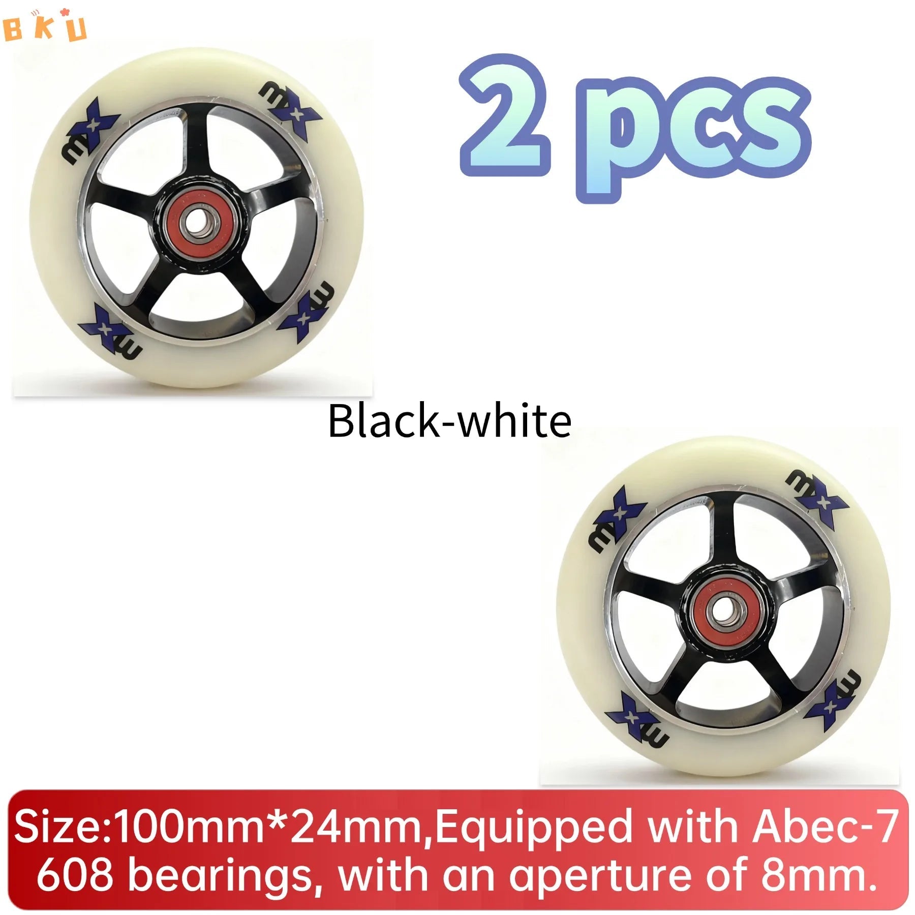 A pair of 100mm aluminum-core skateboard wheels with bearings, wear-resistant and quiet, suitable as replacement parts for skate - STAND OUT FLEXSARAH