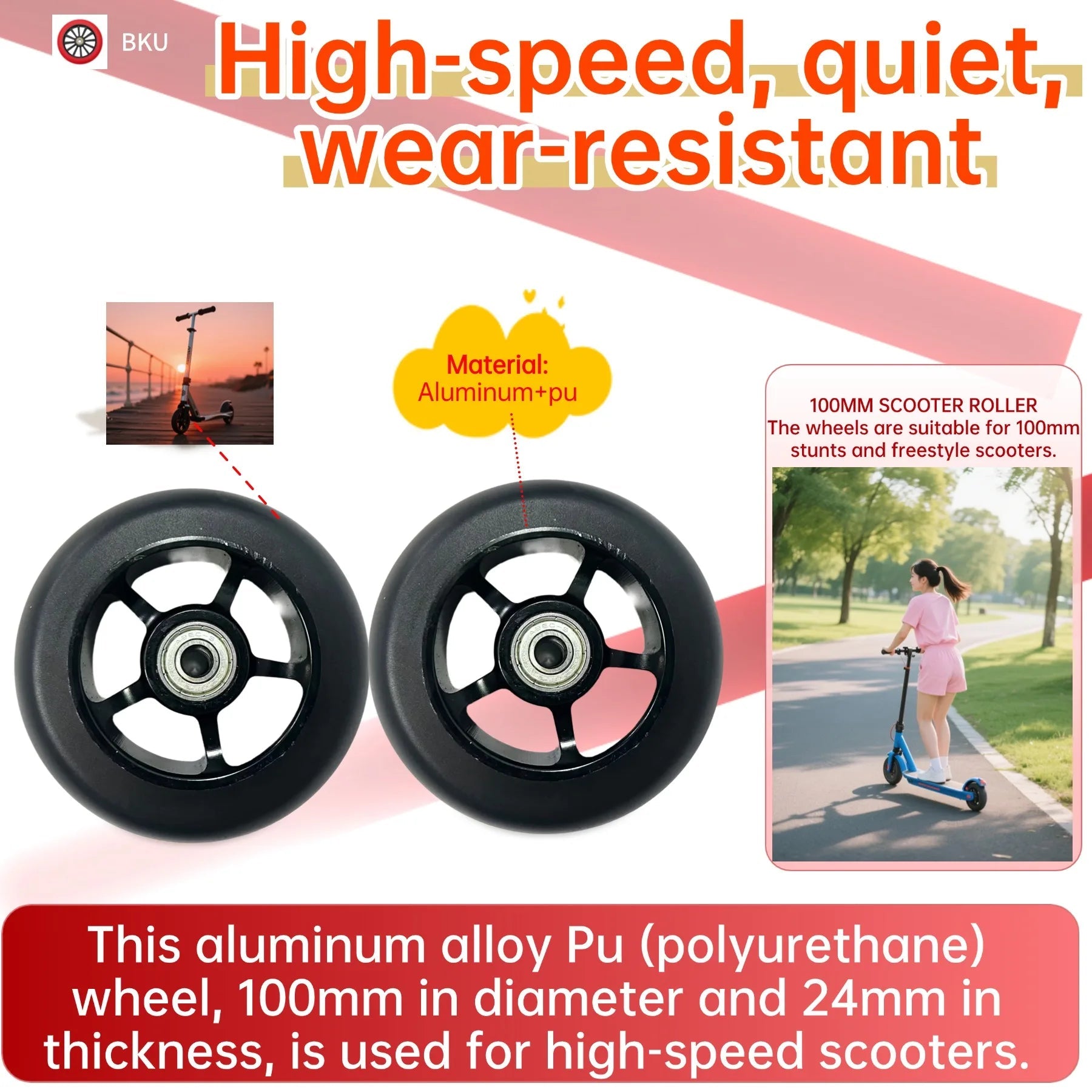 A pair of 100mm aluminum-core skateboard wheels with bearings, wear-resistant and quiet, suitable as replacement parts for skate - STAND OUT FLEXSARAH