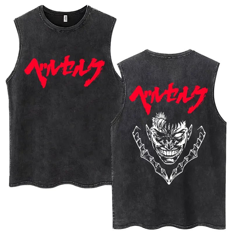 Anime Berserk Guts Washed Harajuku Tank Tops Retro Manga Gatsu Griffith Zodd Sleeveless T Shirts Unisex Cotton Oversized T-Shirt - STAND OUT FLEXSARAH
