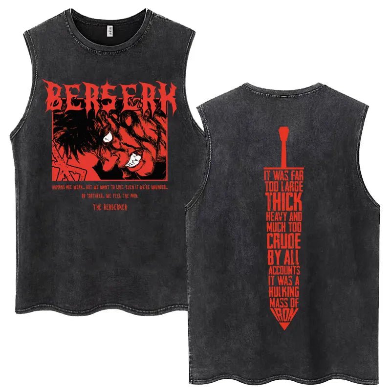 Anime Berserk Guts Washed Harajuku Tank Tops Retro Manga Gatsu Griffith Zodd Sleeveless T Shirts Unisex Cotton Oversized T-Shirt - STAND OUT FLEXSARAH