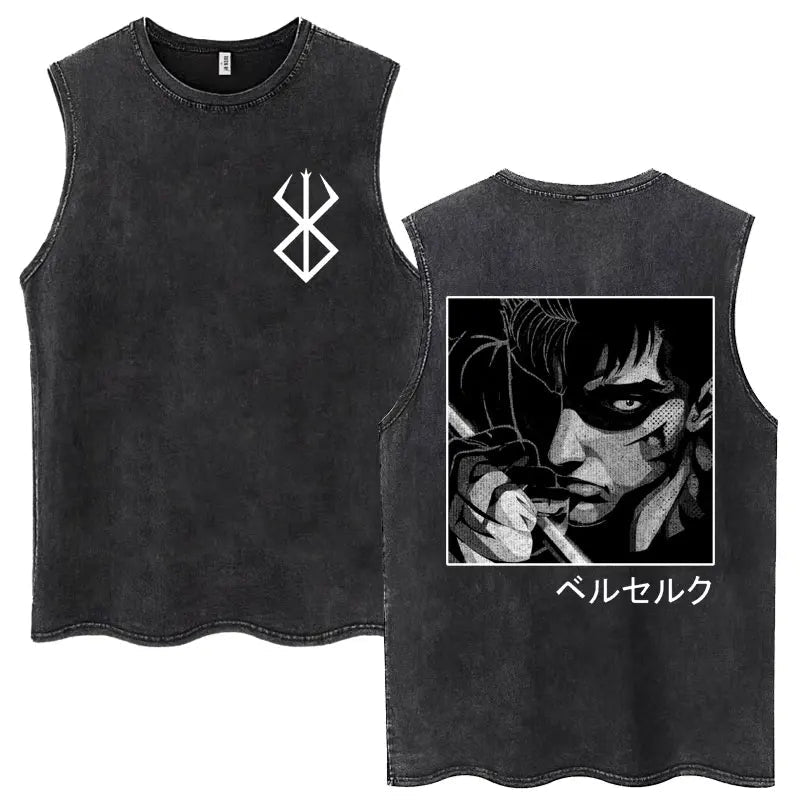 Anime Berserk Guts Washed Harajuku Tank Tops Retro Manga Gatsu Griffith Zodd Sleeveless T Shirts Unisex Cotton Oversized T-Shirt - STAND OUT FLEXSARAH
