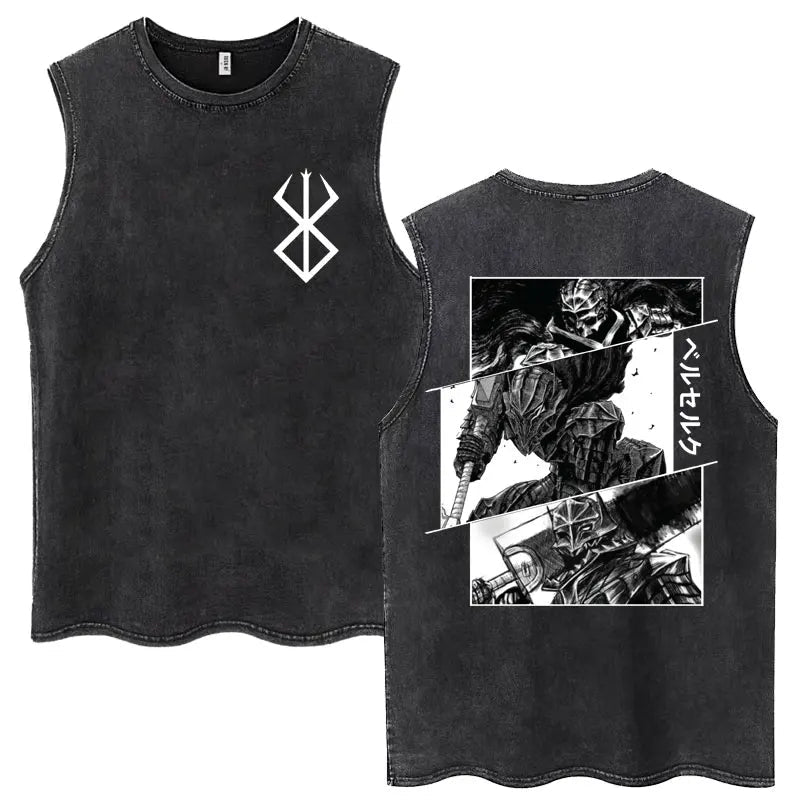 Anime Berserk Guts Washed Harajuku Tank Tops Retro Manga Gatsu Griffith Zodd Sleeveless T Shirts Unisex Cotton Oversized T-Shirt - STAND OUT FLEXSARAH