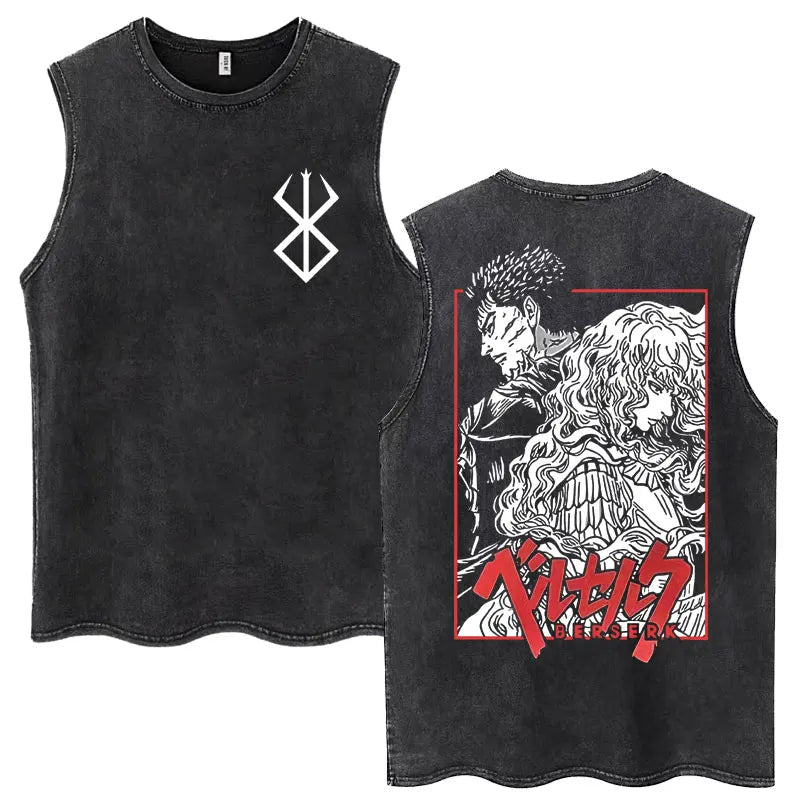 Anime Berserk Guts Washed Harajuku Tank Tops Retro Manga Gatsu Griffith Zodd Sleeveless T Shirts Unisex Cotton Oversized T-Shirt - STAND OUT FLEXSARAH