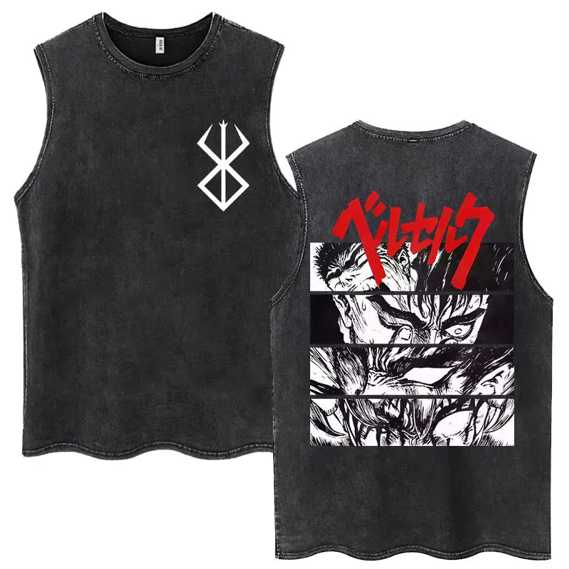Anime Berserk Guts Washed Harajuku Tank Tops Retro Manga Gatsu Griffith Zodd Sleeveless T Shirts Unisex Cotton Oversized T-Shirt - STAND OUT FLEXSARAH