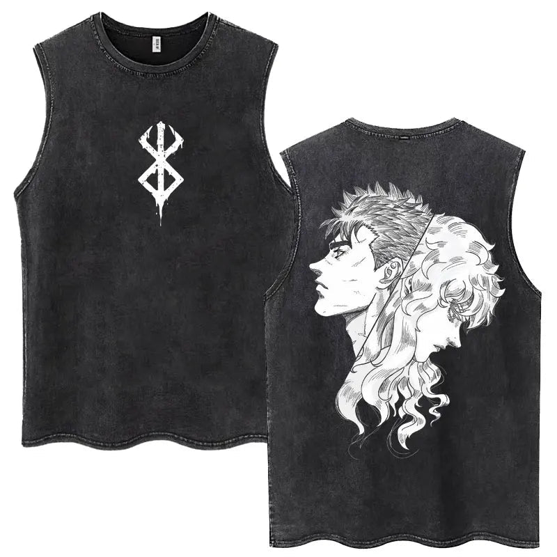Anime Berserk Guts Washed Harajuku Tank Tops Retro Manga Gatsu Griffith Zodd Sleeveless T Shirts Unisex Cotton Oversized T-Shirt - STAND OUT FLEXSARAH