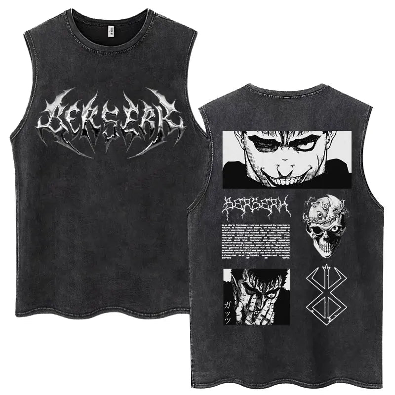 Anime Berserk Guts Washed Harajuku Tank Tops Retro Manga Gatsu Griffith Zodd Sleeveless T Shirts Unisex Cotton Oversized T-Shirt - STAND OUT FLEXSARAH