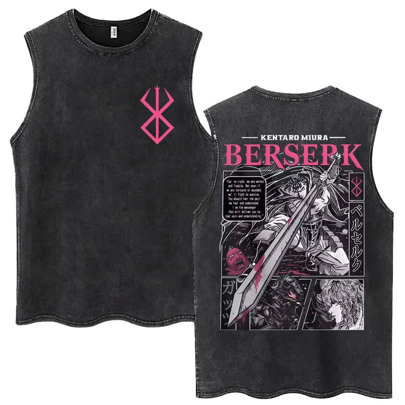 Anime Berserk Guts Washed Harajuku Tank Tops Retro Manga Gatsu Griffith Zodd Sleeveless T Shirts Unisex Cotton Oversized T-Shirt - STAND OUT FLEXSARAH