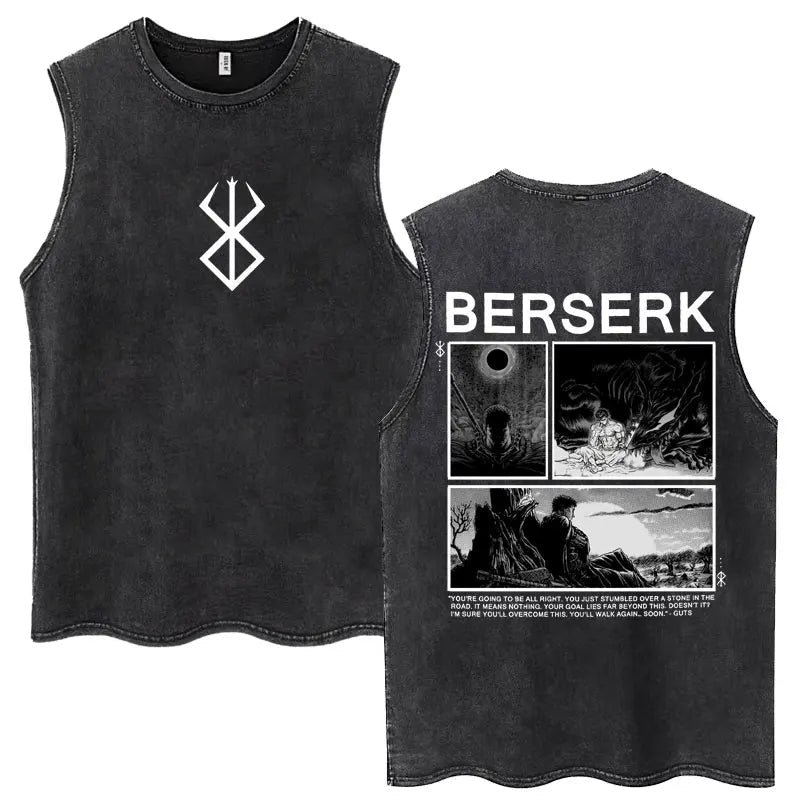 Anime Berserk Guts Washed Harajuku Tank Tops Retro Manga Gatsu Griffith Zodd Sleeveless T Shirts Unisex Cotton Oversized T-Shirt - STAND OUT FLEXSARAH